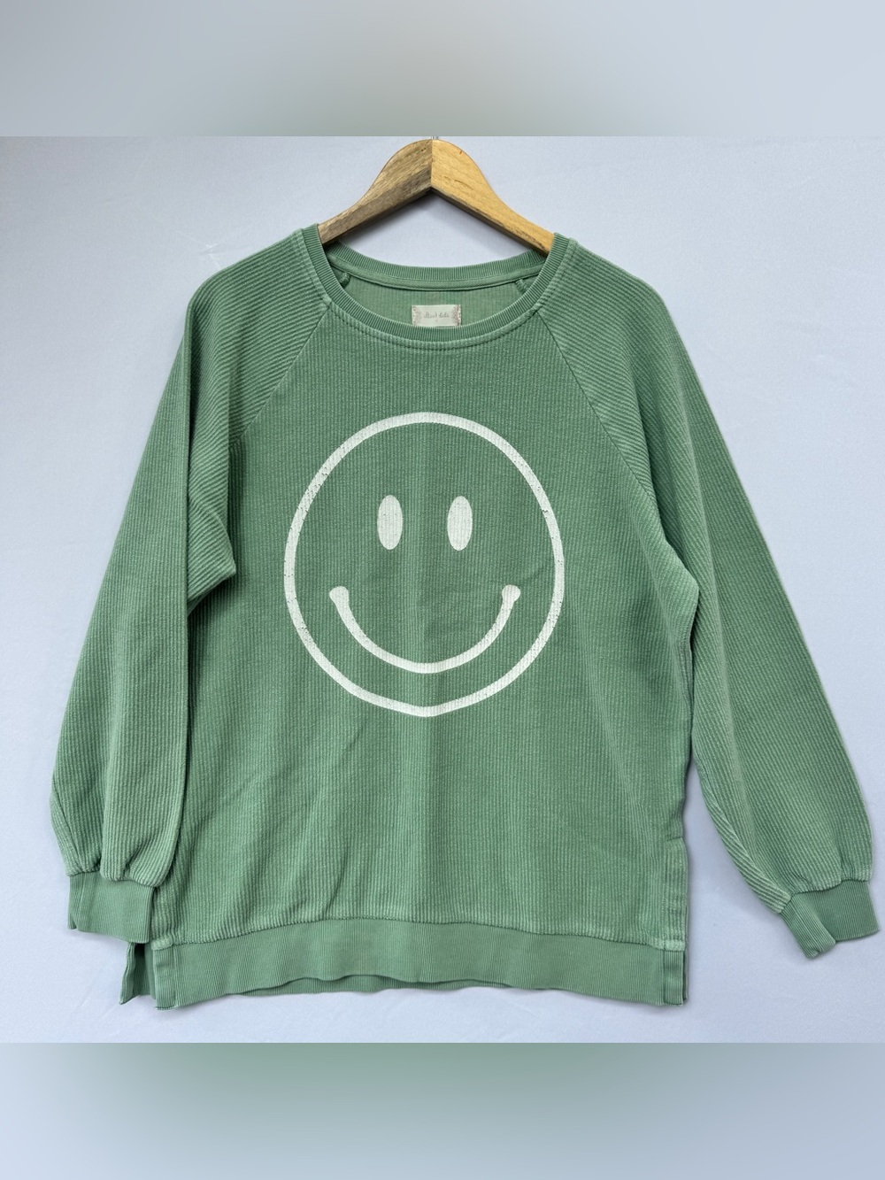 Altar'd State Sage Green Smiley Face Crewneck Sweater Size Small